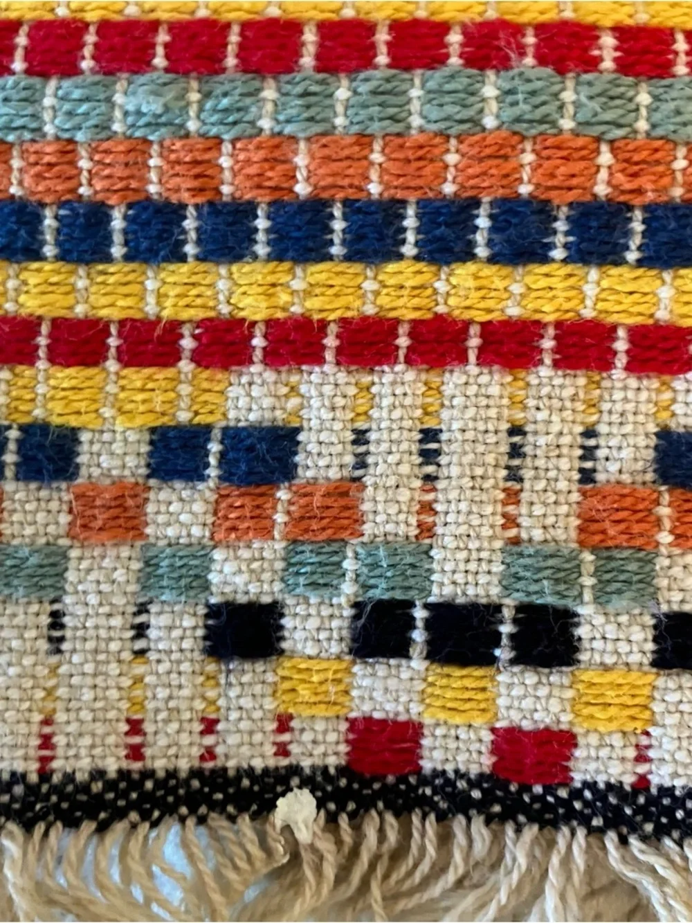 VTG Handmade Rag-Rug Woven Table Dresser Runner Primitive Farmhouse Fringe 12x29